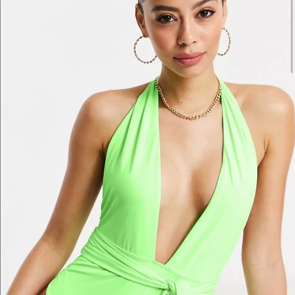 Asos Belted Plunge Swimsuit in Neon Green - Picture 2 of 6
